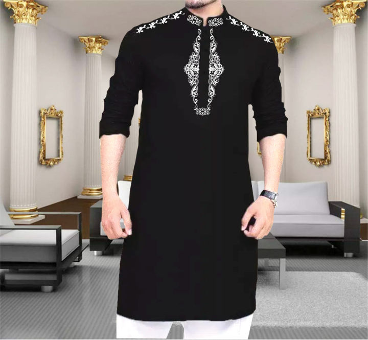 Semi long printed linen panjabi for men